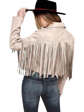 Women's Beige Apricot White Polyester Blend Tassel Motorcycle Cropped Jacket